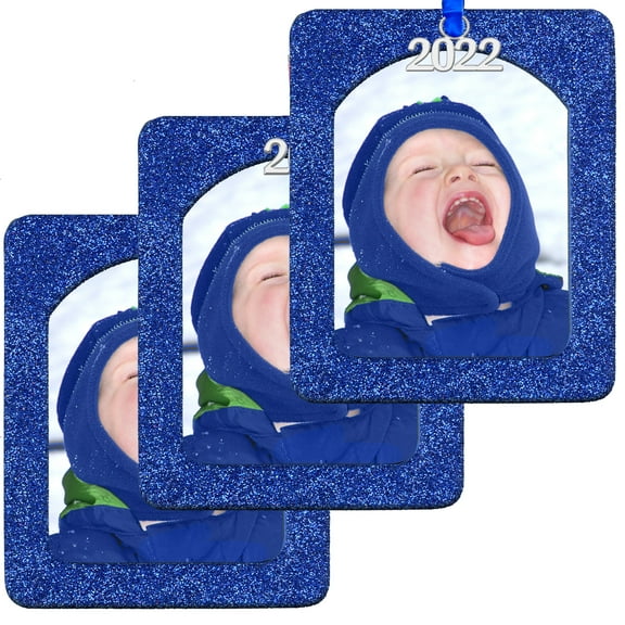 Expressly Yours! 2022 Picture Frame Christmas Ornament with Magnetic Glitter and Non-Glare Photo Protector, Vertical Blue, 3-Pack