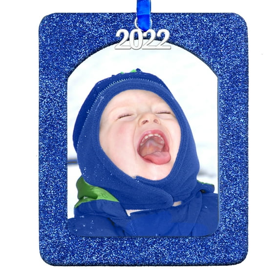 Expressly Yours! 2022 Picture Frame Christmas Ornament with Magnetic Glitter and Non-Glare Photo Protector, Vertical Blue
