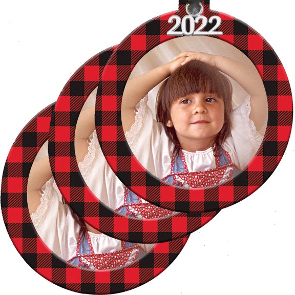 Expressly Yours! 2022 Picture Frame Christmas Ornament with Non-Glare Photo Protector, Round Red & Black Buffalo Plaid, 3-Pack