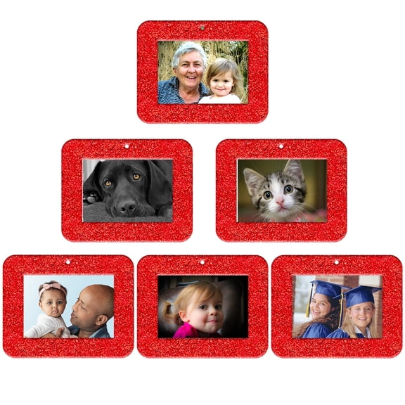 Expressly Yours! Mini Magnetic Glitter Picture Frame Christmas Ornaments with Photo Protectors, Horizontal Red, 6-Pack