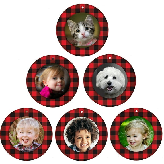 Expressly Yours! Mini Magnetic Glitter Picture Frame Christmas Ornaments with Photo Protectors, Round Buffalo Plaid, 6-Pack