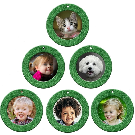Expressly Yours! Mini Magnetic Glitter Picture Frame Christmas Ornaments with Photo Protectors, Round Green, 6-Pack