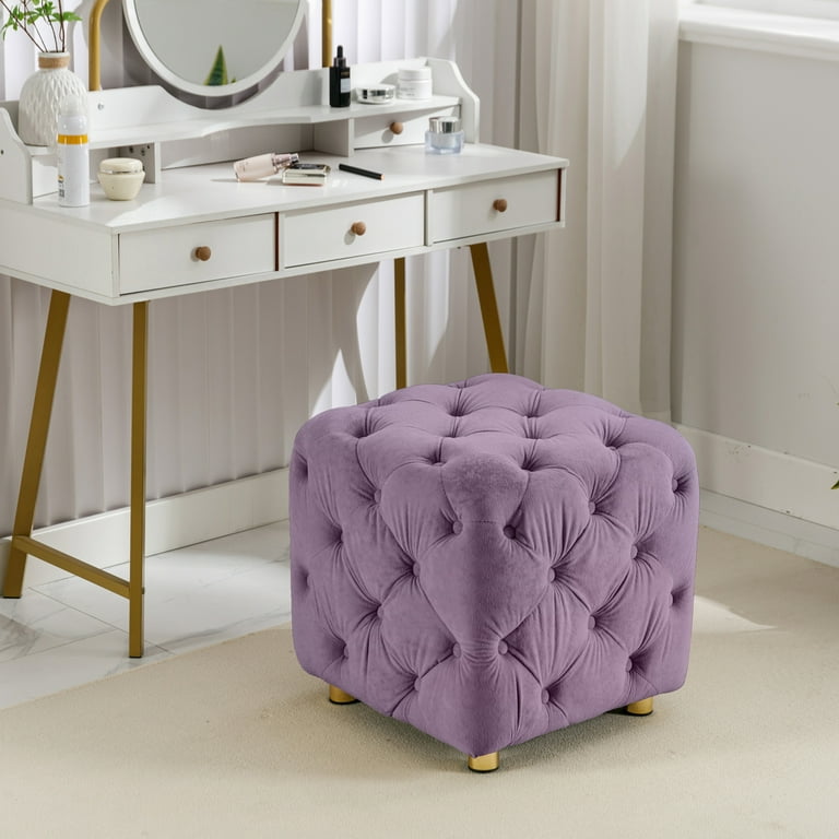 Exquisit Dice Shaped Storage Ottoman with Golden Metal Legs Modern Velvet Upholstered Foot Stool with Wooden Frame and Button Decoration Dressing