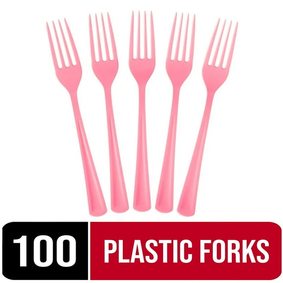 Exquisite 100-Count Pink Plastic Heavy-Duty Disposable Forks, 2 Pack