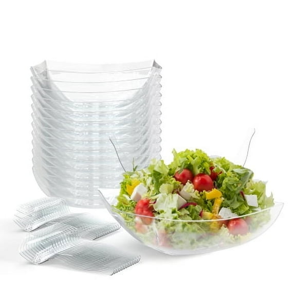 Exquisite 12 Extra Large Plastic Salad Bowls (128oz) - With 12 Each Serving Forks and Spoons - 36 Count Serving Bowl combo