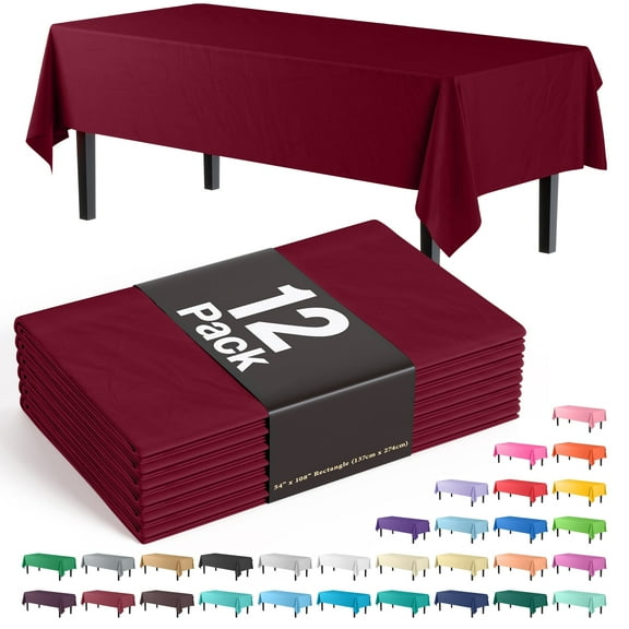 Exquisite 12 Pack Premium Rectangular Plastic Tablecloth Cover 54" x 108" - Burgundy