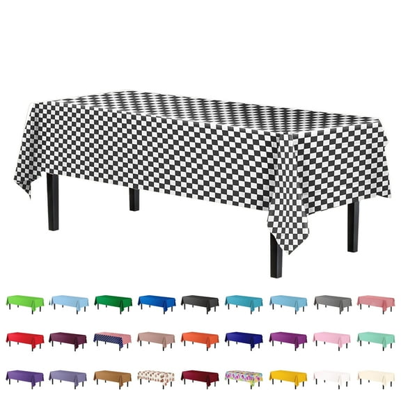 Exquisite Premium Waterproof 54" x 108" Plastic Party Tablecloth, Black Checkerboard - 12 Count