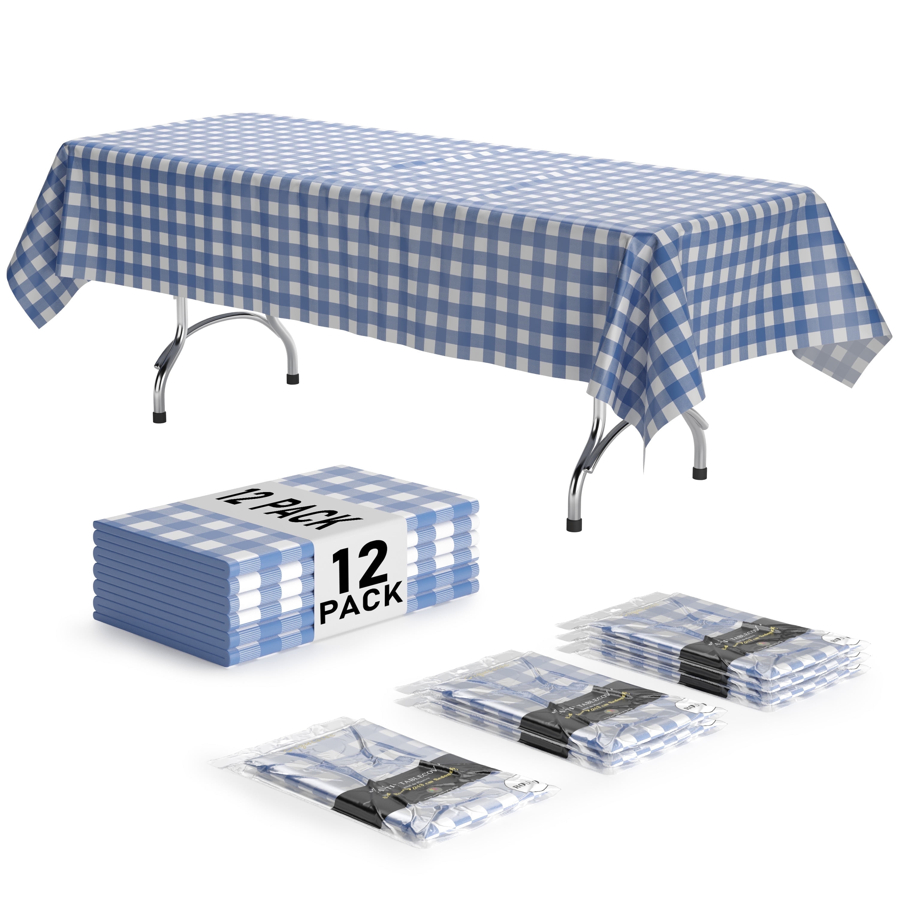 Blue and White Checkered Plastic Rectangular Tablecloth