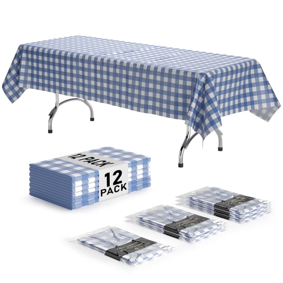 Exquisite 12 Pack Premium Rectangular Plastic Tablecloth Cover 54" x 108" - Dark Blue Gingham