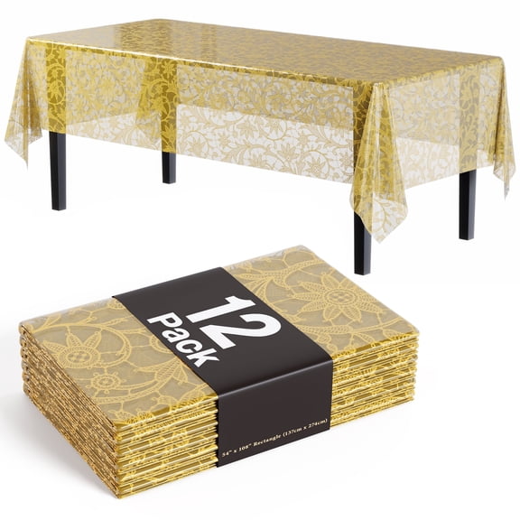 Exquisite Premium Disposable 54" x 108" Gold Lace Plastic Tablecloths, 12 Pack