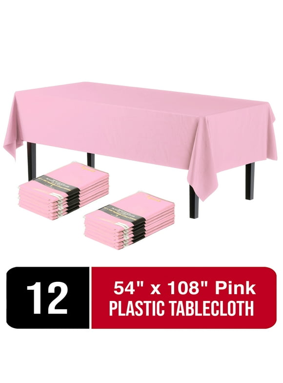 Exquisite 12 Pack Premium Rectangular Plastic Tablecloth, Pink, 54" x 108"