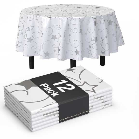 Exquisite 12 Premium Silver Star Holiday Plastic 84" Round Waterproof Party Tablecloths