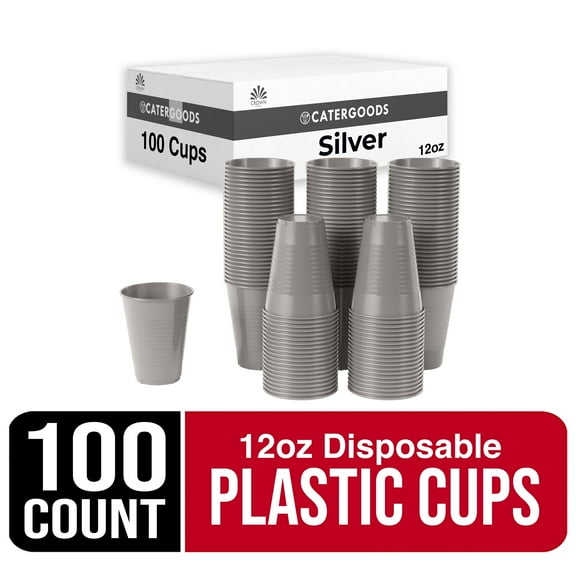 Exquisite 12 oz Disposable Cups - 100 Heavy Duty Plastic Cups - Silver
