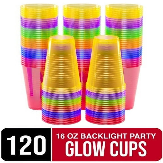 Exquisite 16 oz Plastic Multicolor Neon Backlight Party Glow Cups, 120 Pieces