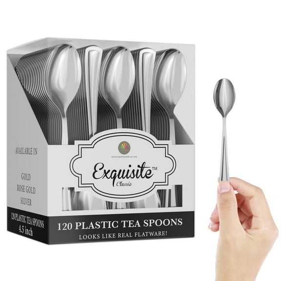 Exquisite 120 Count Silver Plastic Heavy-Duty Disposable Tea Spoons