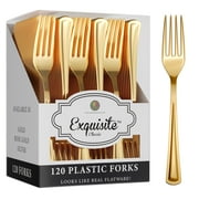 Exquisite 120 Pack Gold Plastic Forks - Heavy Duty - Disposable - Ideal for Catering & Parties