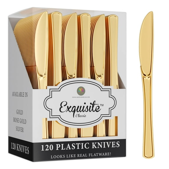 Exquisite 120 Pack Gold Plastic Knives - Heavy Duty - Disposable - Ideal for Catering & Parties