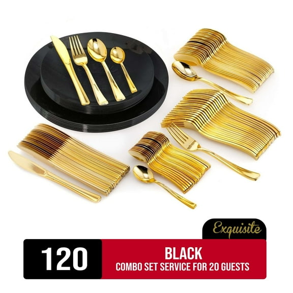 Exquisite 120 Piece Black Plastic Combo Set | Serves 20 Guests