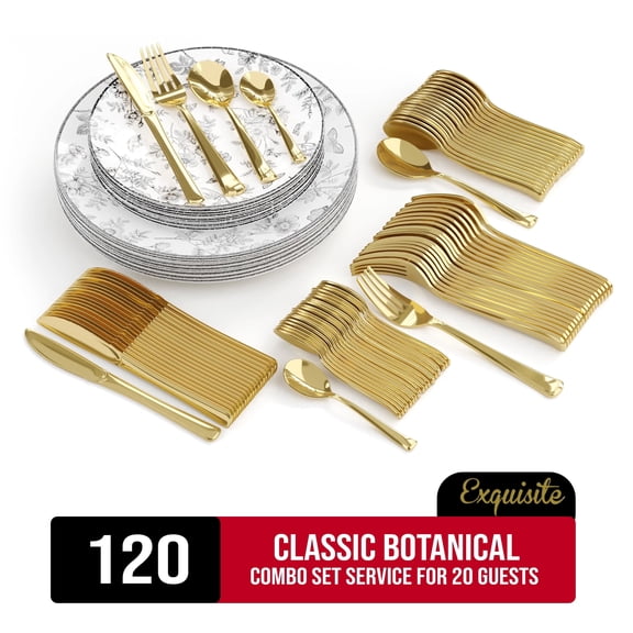 Exquisite Classic Botanical Disposable Dinnerware Combo Set, 120 Piece, Service for 20