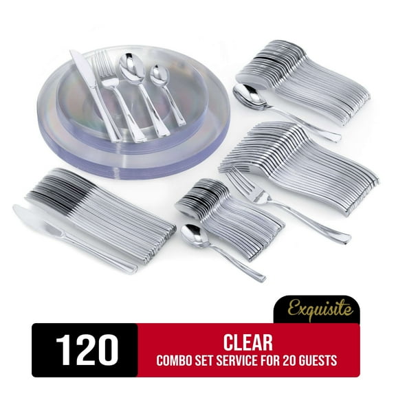 Exquisite 120 Piece Clear Plastic Combo Set | Serves 20 Guests