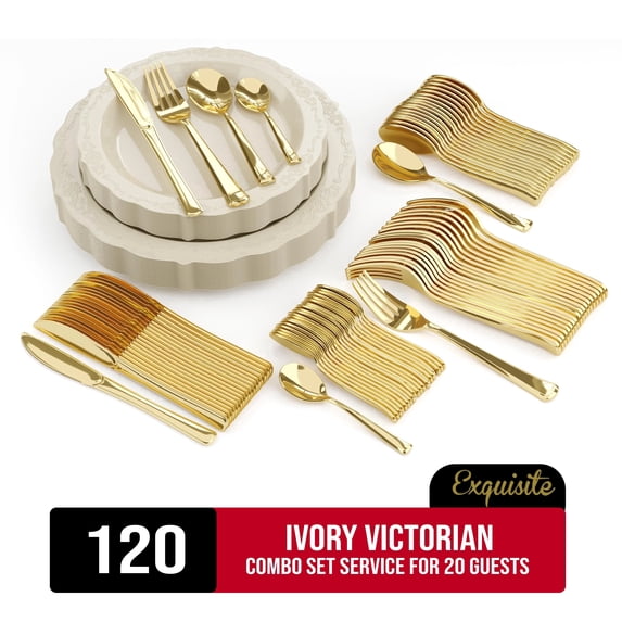 Exquisite Cream Victorian Disposable Dinnerware Combo Set, 120 Piece, Service for 20
