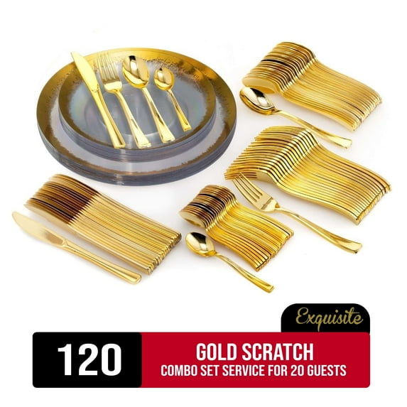 Exquisite 120 Piece Gold Scratch Plastic Combo Set | Serves 20 Guests