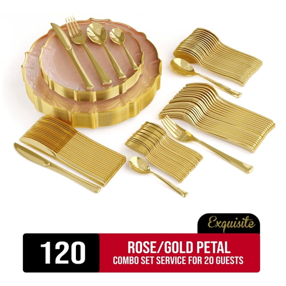 Exquisite 120 Piece Rose/Gold Petal Plastic Combo Set | Serves 20 Guests