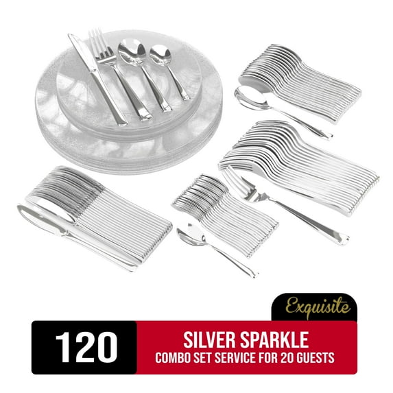 Exquisite 120 Piece Silver Sparkle Plastic Combo Set | Serves 20 Guests