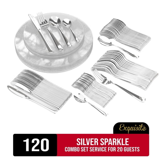 Exquisite Silver Sparkle Disposable Dinnerware Combo Set, 120 Piece, Service for 20