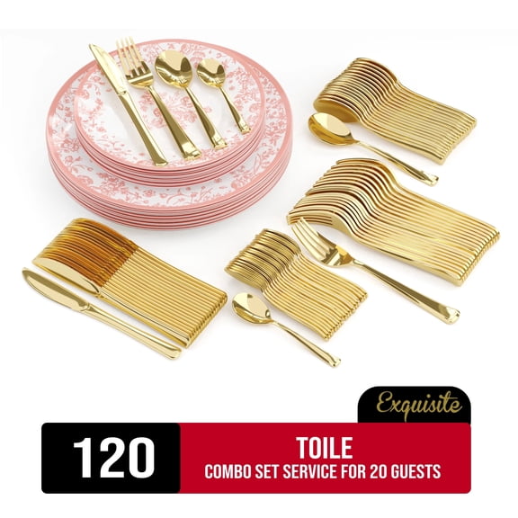 Exquisite Toile Disposable Dinnerware Combo Set, 120 Piece, Service for 20