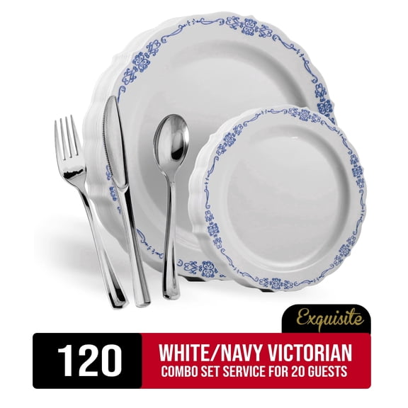Exquisite White/Navy Victorian Disposable Dinnerware Combo Set, 120 Piece, Service for 20