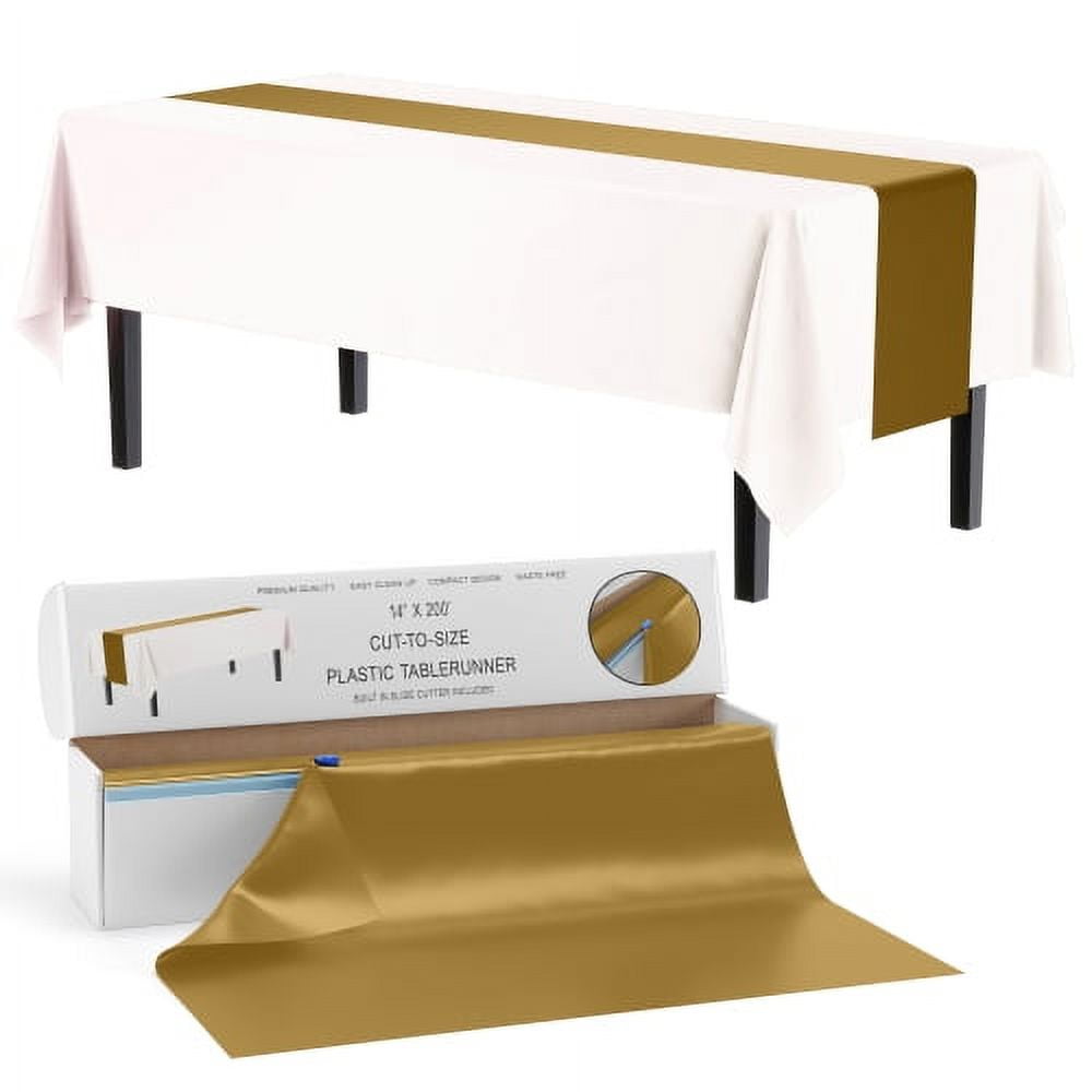 Gold 14" x 200' Plastic Table Runner with Slide Cutter