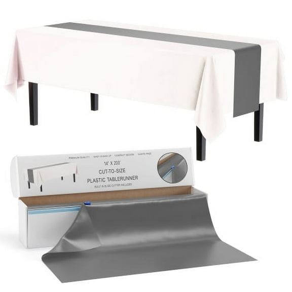 Exquisite 14" X 200' Select A Size Table Plastic Runner with Built-In Slide Cutter - Silver