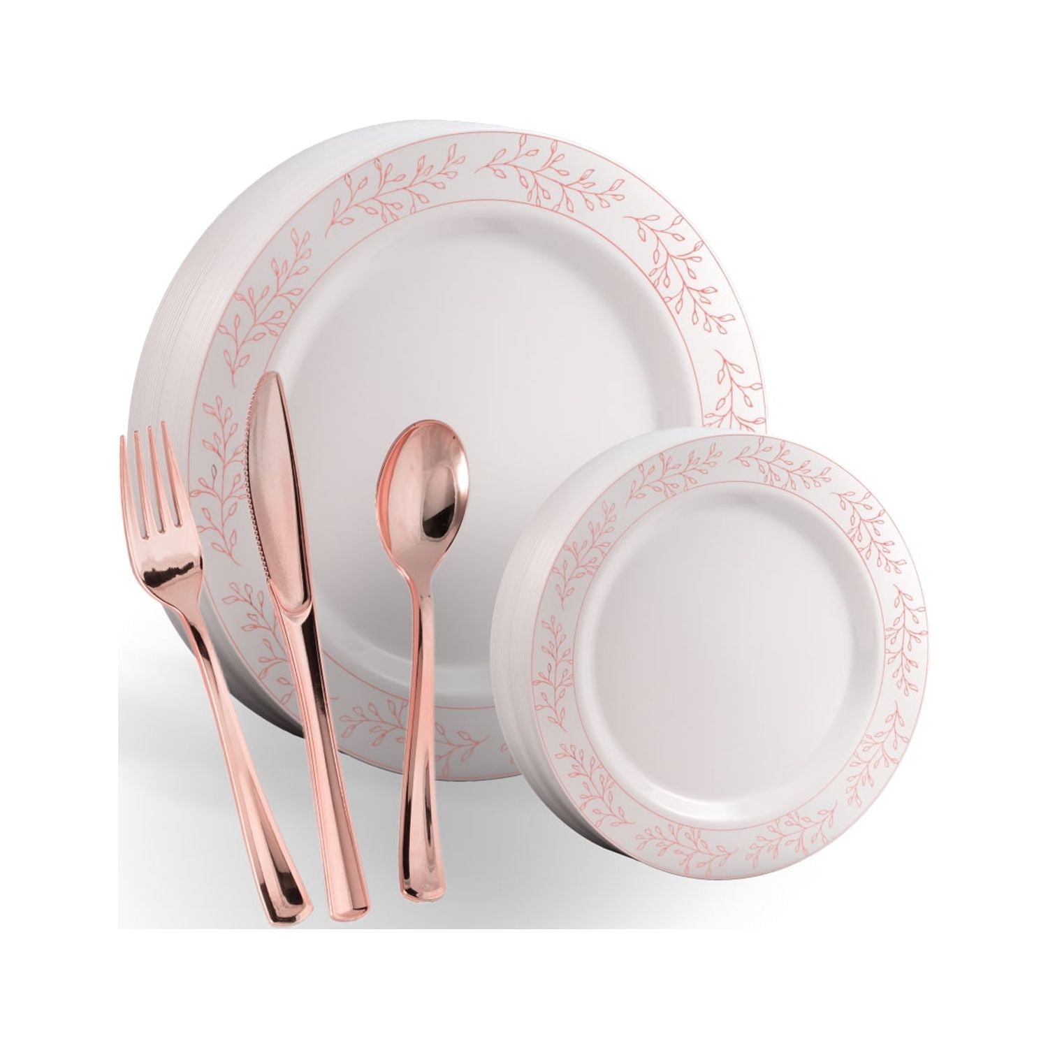 Elegant Rose Gold Leaf Trim White Disposable Plastic Plates and Cutlery Set
