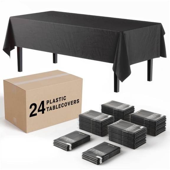 Exquisite 24 Pack Premium Rectangular Plastic Tablecloth, Black, 54" x 108"