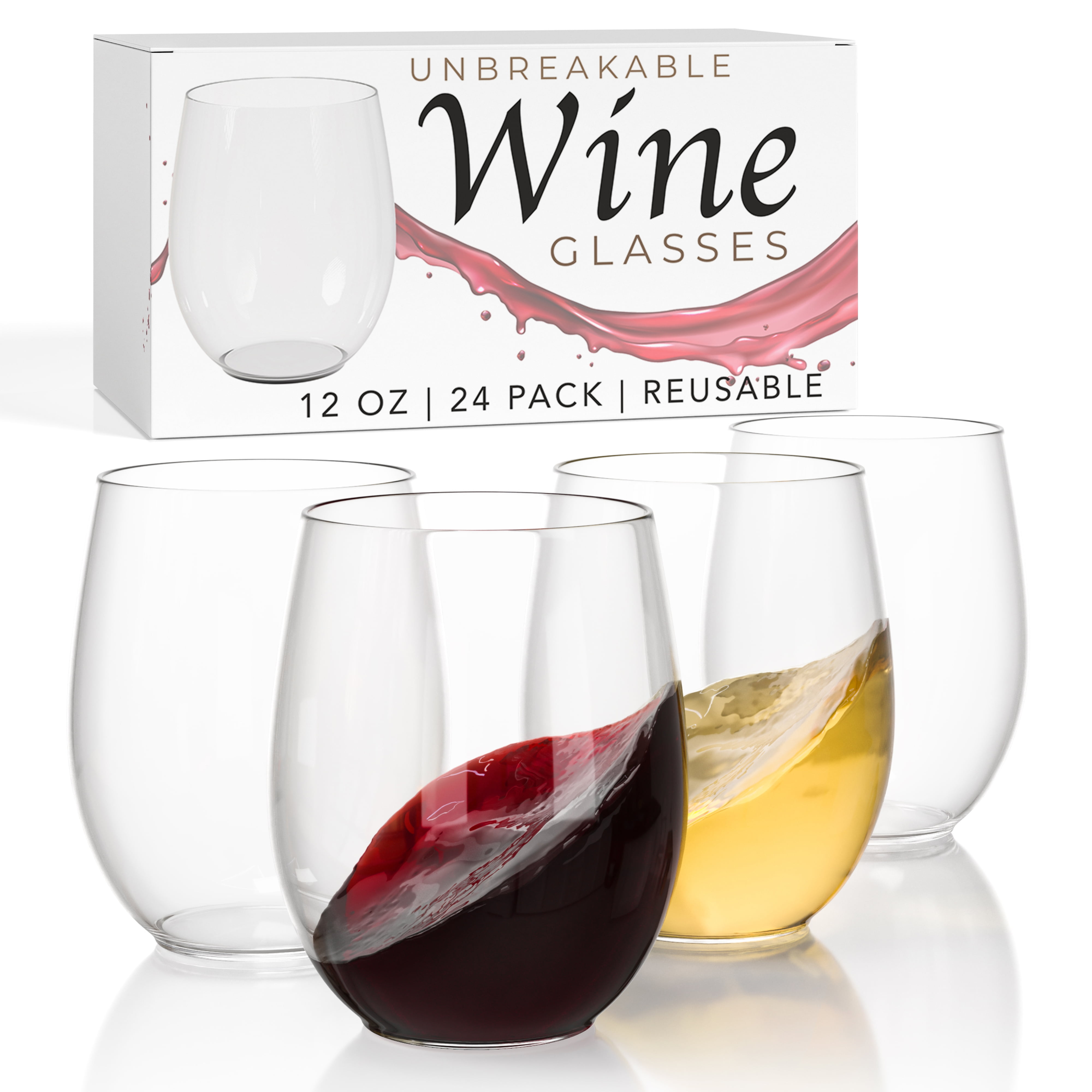 Plastic Wine Glasses Stemless 24-Pack Unbreakable Stemless Plastic Wine  Glasses - 12 Oz Disposable Party Cups Plastic Cocktail Glasses