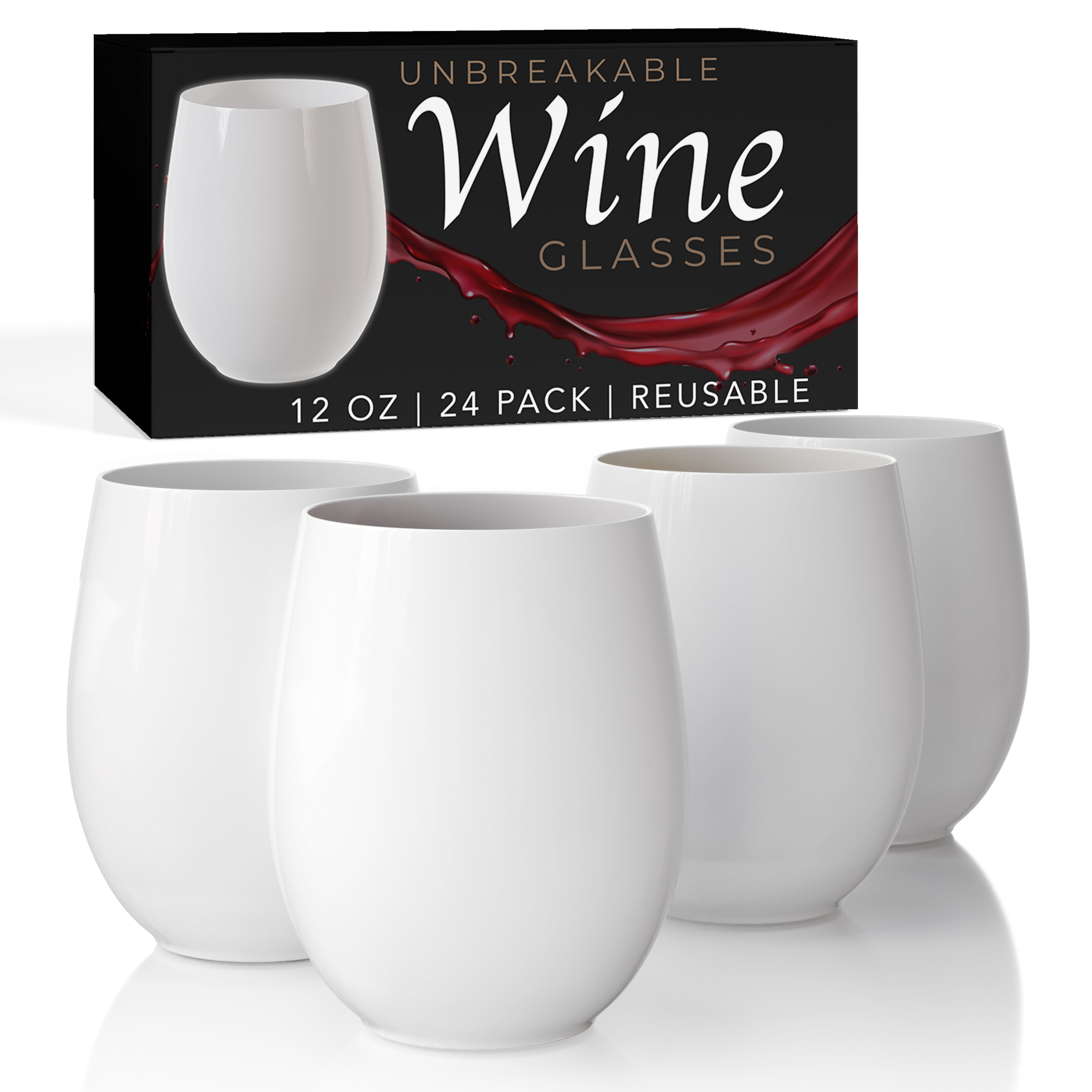 Disposable Party Wine Glasses 24-Pack Unbreakable Stemless Plastic Wine  Glasses | 12 Oz Clear Ribbed Design | Shatterproof Party Cups For Weddings  & Events Unbreakable Stemless Disposable Wine Glasses Party