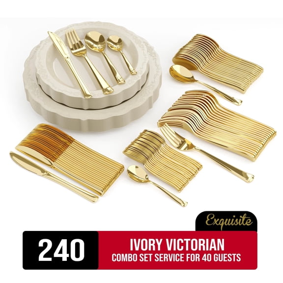 Exquisite 240 Piece Cream Victorian Disposable Plastic Dinnerware Combo Set, Serves 40 Guests