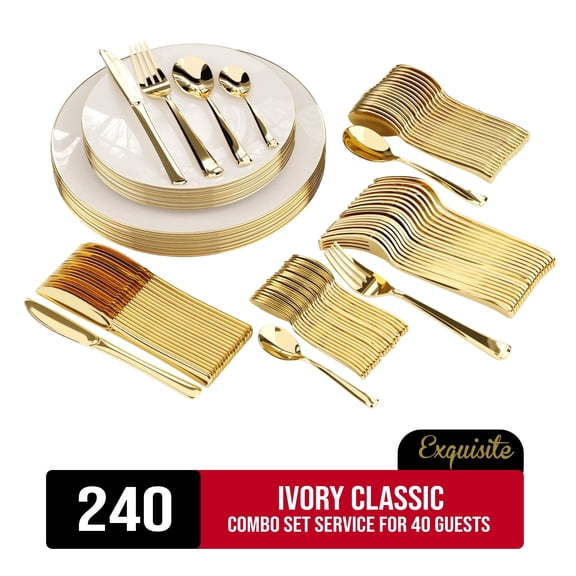 Exquisite 240 Piece Ivory Classic Design Disposable Plastic Dinnerware Combo Set, Serves 40 Guests