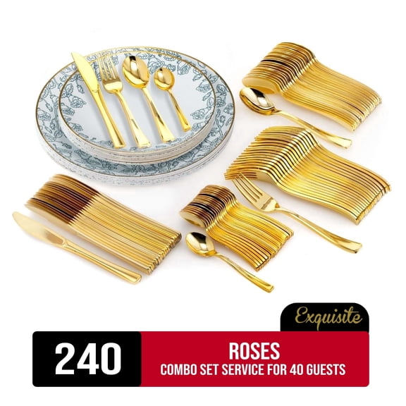 Exquisite 240 Piece Roses Design Disposable Plastic Dinnerware Combo Set, Serves 40 Guests