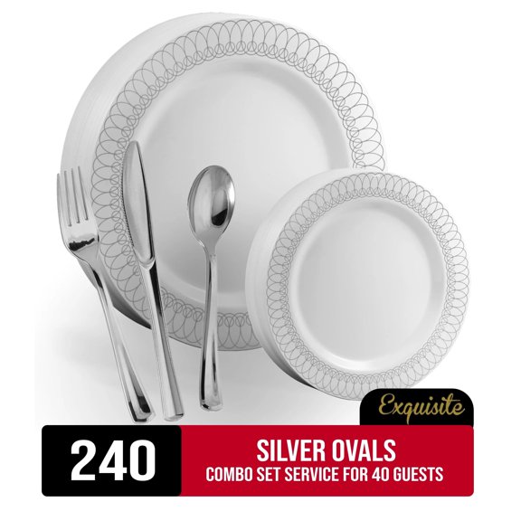 Exquisite 240 Piece Silver Ovals Disposable Plastic Dinnerware Combo Set, Serves 40 Guests