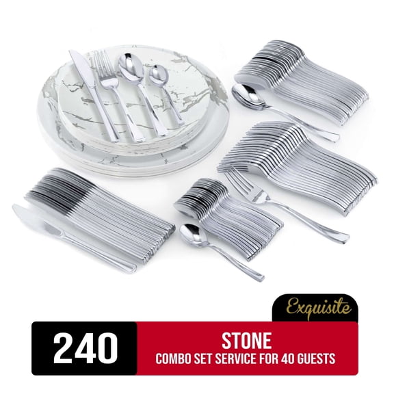 Exquisite 240 Piece Stone Disposable Plastic Dinnerware Combo Set, Serves 40 Guests