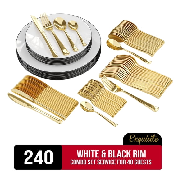 Exquisite 240 Piece White & Black Rim Disposable Plastic Dinnerware Combo Set, Serves 40 Guests