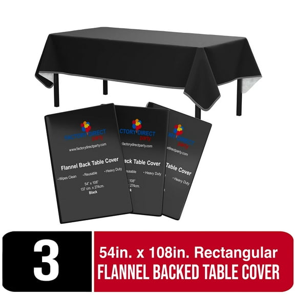 Exquisite 3 Pack 54" x 108" Black Rectangular Flannel Backed Table Cover