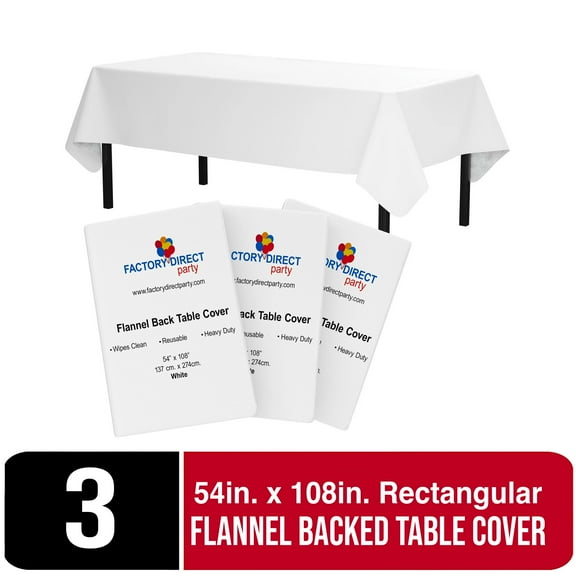 Exquisite 3-Pack 54" x 108" Waterproof Stain-Resistant Vinyl Tablecloth with Flannel Backing White Solid Print