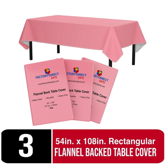 Exquisite 3 Pack Waterproof 54 x 108 Inch Pink Solid Print Stain-Resistant Vinyl Tablecloth with Flannel Backing Table Cover