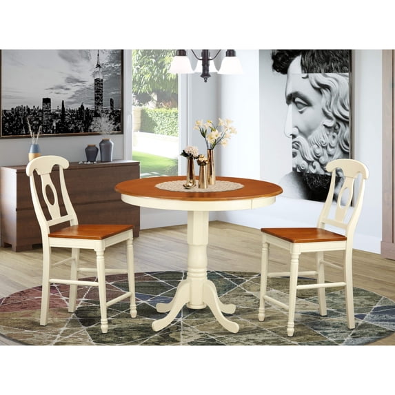 Exquisite 3-Piece Counter Height Dining Set with Round Table and Chairs - Asian Hardwood Design, Buttermilk Base, Cherry Seats/Table Top.