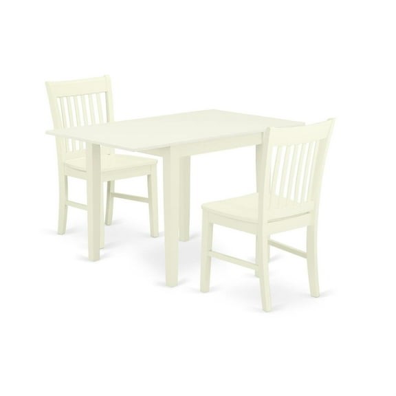 Exquisite 3-Piece Kitchen Table Set with Slat Back Chairs, Linen White Finish. Hardwood, Easy Assembly. Table: 30-48"L x 30"W x 30"H. Chairs: 19"L x 18"W x 35"H.