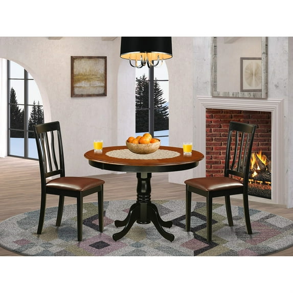 Exquisite 3-Piece Round Kitchen Table Set with Chairs - 42 Width, Sleek Dark Design, Horizontal Back Panels, Faux Leather Seats - Black Finish"