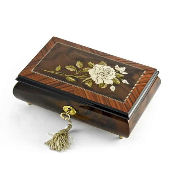 Exquisite 30 Note Single Stem White Rose Musical Jewelry Box - Ave Maria (Schubert)